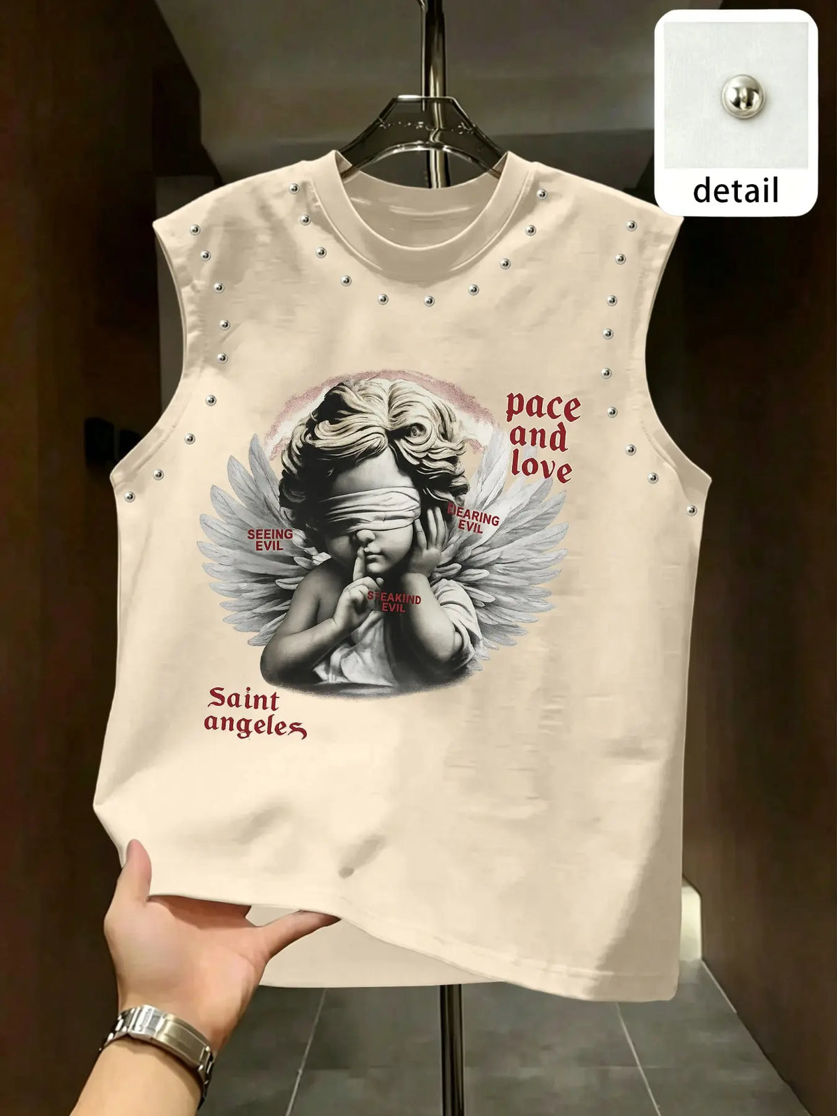 Men's Blindfolded Angel Rivet Sleeveless Vest, Vintage Classic Letter Print Cape, American High Street Fashion, Loose-Fitting Oversized Street Style Streetwear Top