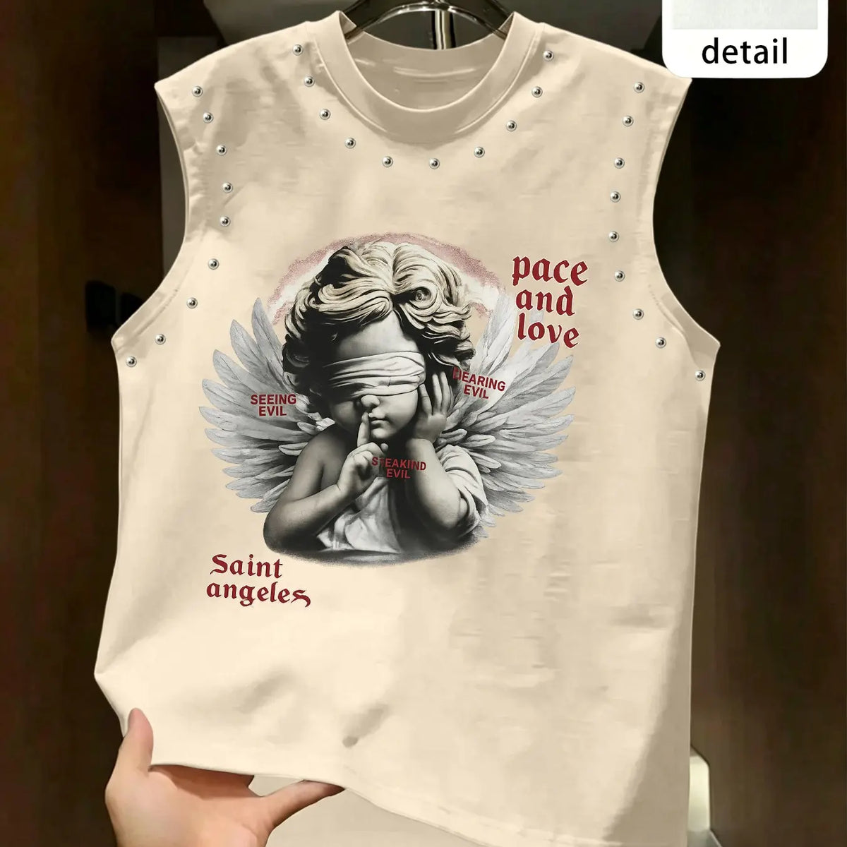 Men's Blindfolded Angel Rivet Sleeveless Vest, Vintage Classic Letter Print Cape, American High Street Fashion, Loose-Fitting Oversized Street Style Streetwear Top