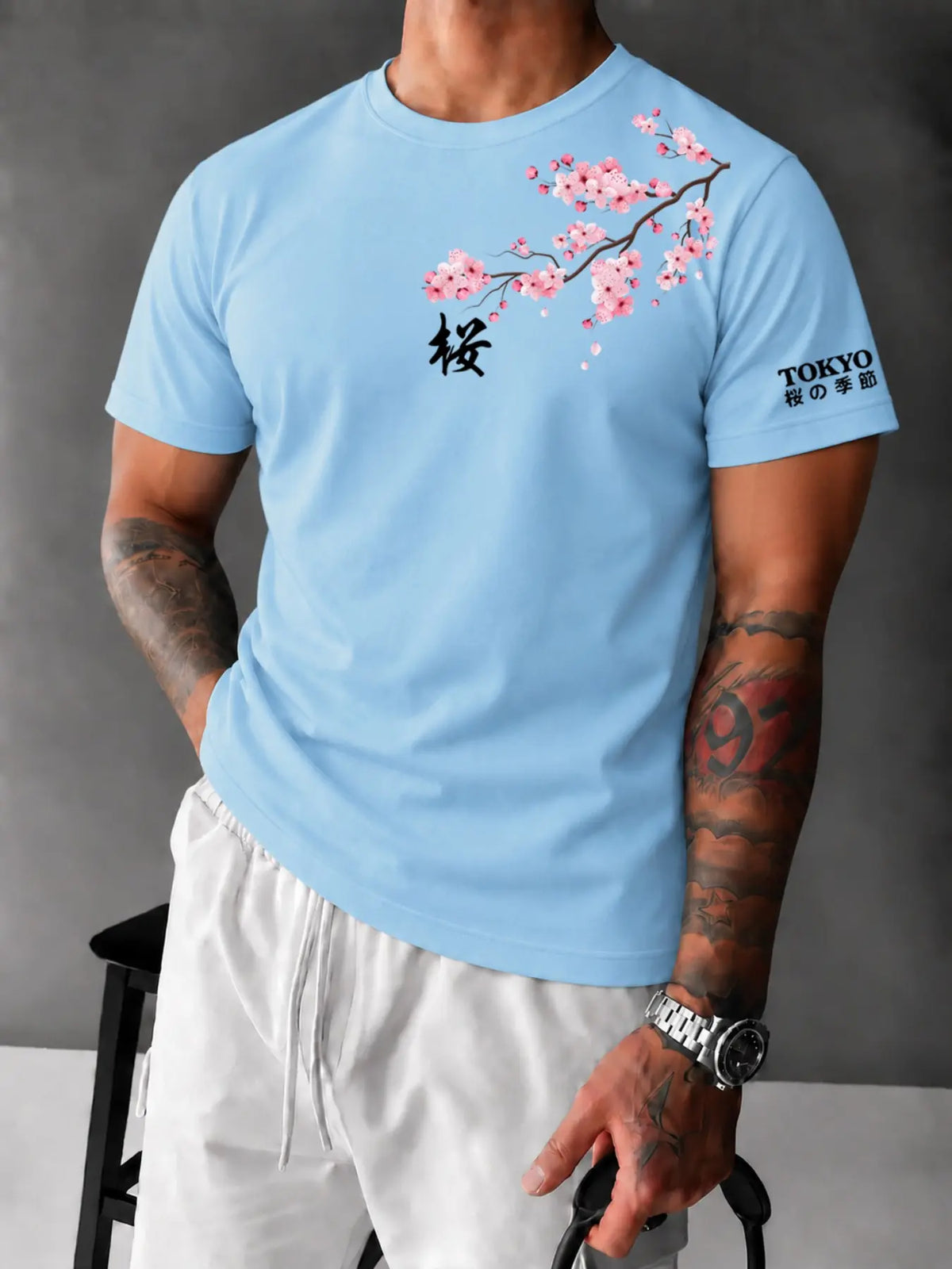 Men's Tokyo Cherry Blossom Fitted T‑Shirt, Casual Japanese Streetwear Tee, Breathable Soft Summer Top#CherryBlossomTee #TokyoStreetwear #JapanesePrintTShirt #FittedTee #TikTokMadeMeBuyIt #StreetwearFashion #SummerTees