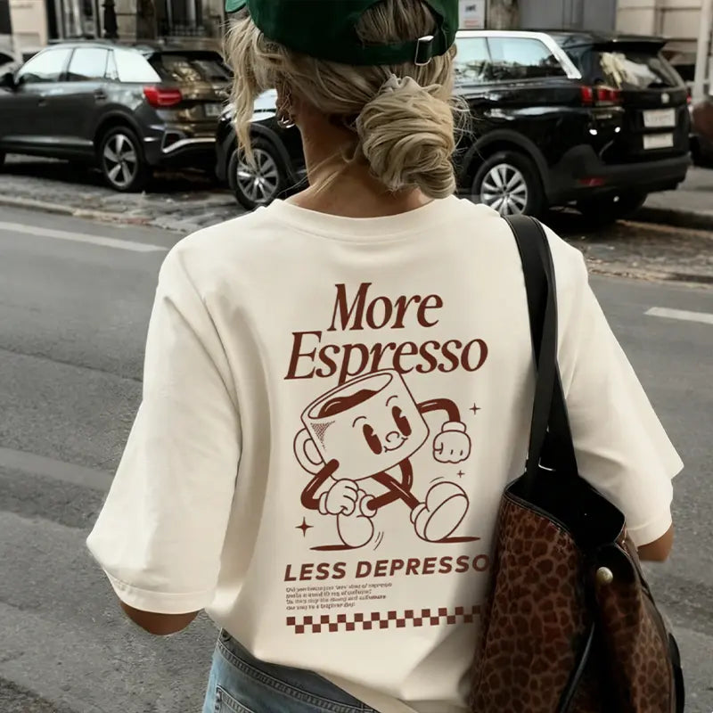 More Espresso Less Depresso Retro Cartoon Tee | Coffee Lover Vibe Oversized Shirt,Sadness Sippy Cup More Espresso Less Depresso Tee | Cute Retro Character Aesthetic Top,Unisex / men & women