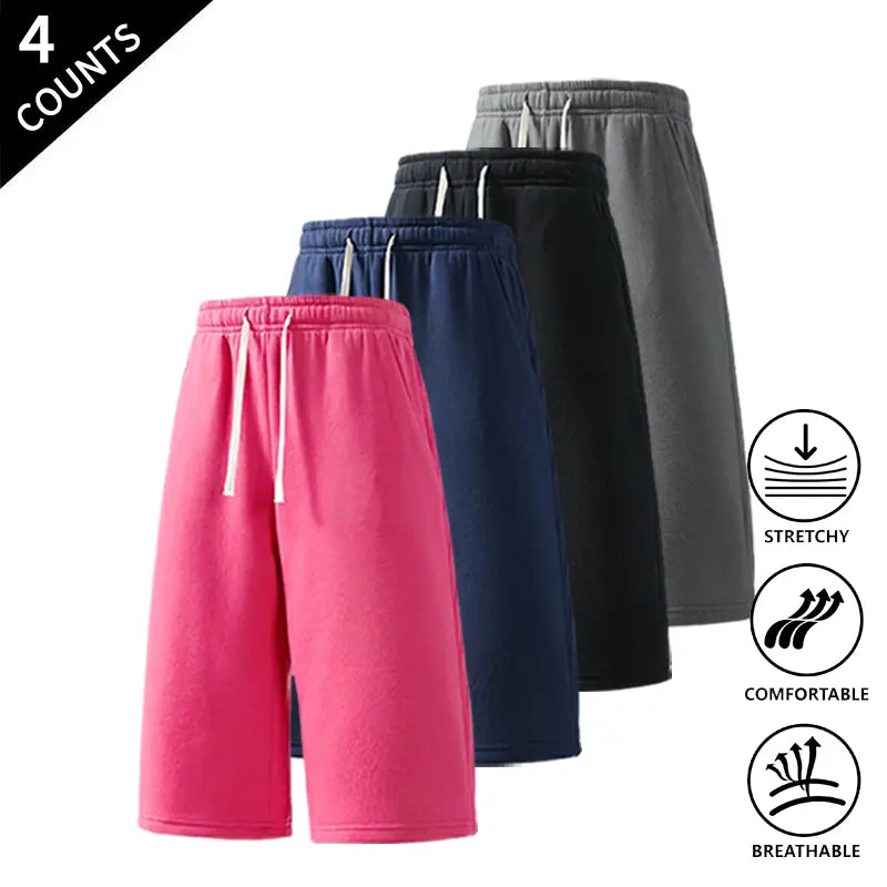 Men's Plain Fabric Casual Lounge Capri Pants (4-Pack) - Elastic Waist, Soft, Expandable, Above the Knee Everyday Cropped Bottoms in Coffee+Black+Light Gray+Rose Red, Light Gray+Black+Rose Red+Dark Gray, Rose Red+Navy Blue+Black+Light Gray