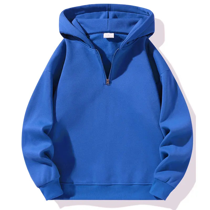 Men’s essential half-zip long-sleeve hoodie — solid color, comfortable, relaxed drop-shoulder fit, loose silhouette, casual street style, 100% polyester fiber, suitable for autumn, modern fashionable men’s top, solid-color men’s sweatshirt