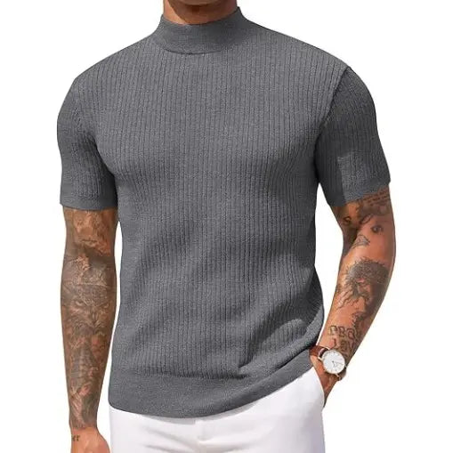 COOFANDY Men's Mock Turtleneck Sweater Short Sleeve Casual Basic Tops Ribbed Knit Pullover Solid Tee