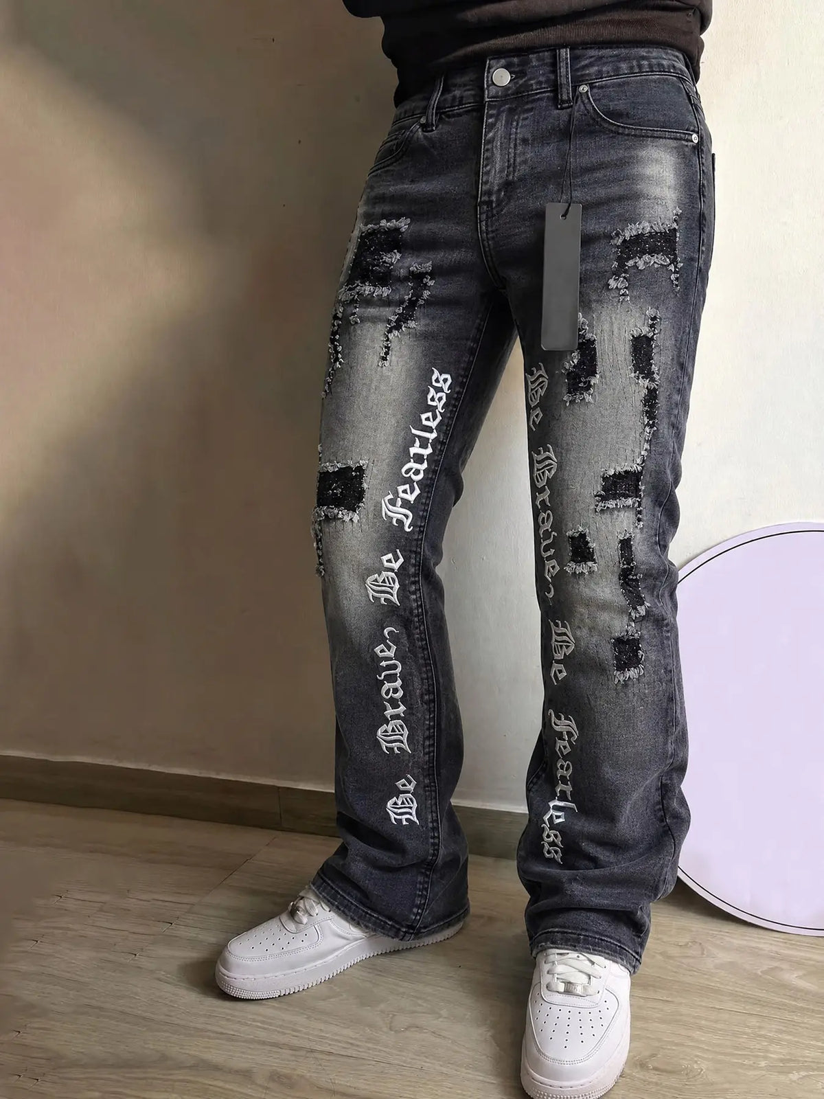 Men's Embroidered Jeans, Micro Flare Denim Jeans, Letter Stitching, Tight Fit, Ripped Bell Bottoms, Washed Y2K Streetwear Style, All Seasons, Pants
