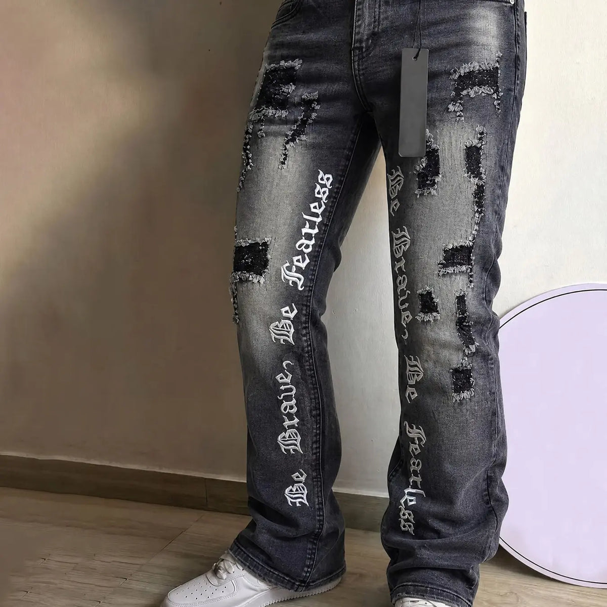 Men's Embroidered Jeans, Micro Flare Denim Jeans, Letter Stitching, Tight Fit, Ripped Bell Bottoms, Washed Y2K Streetwear Style, All Seasons, Pants