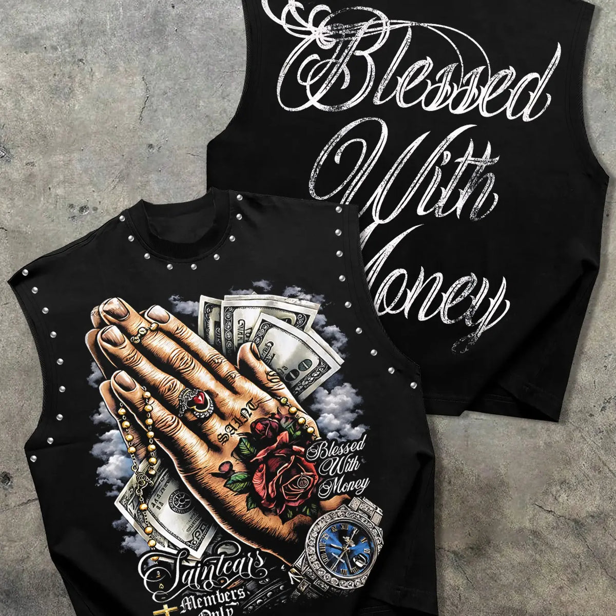 Men's Casual Vest, Sleeveless Graphic Vest, Print Praying Hands + Money + Rose + Watch, Letter Slogan, Regular Fit, Fashion Versatile, Trendy Store Wear, Sleeveless Vests