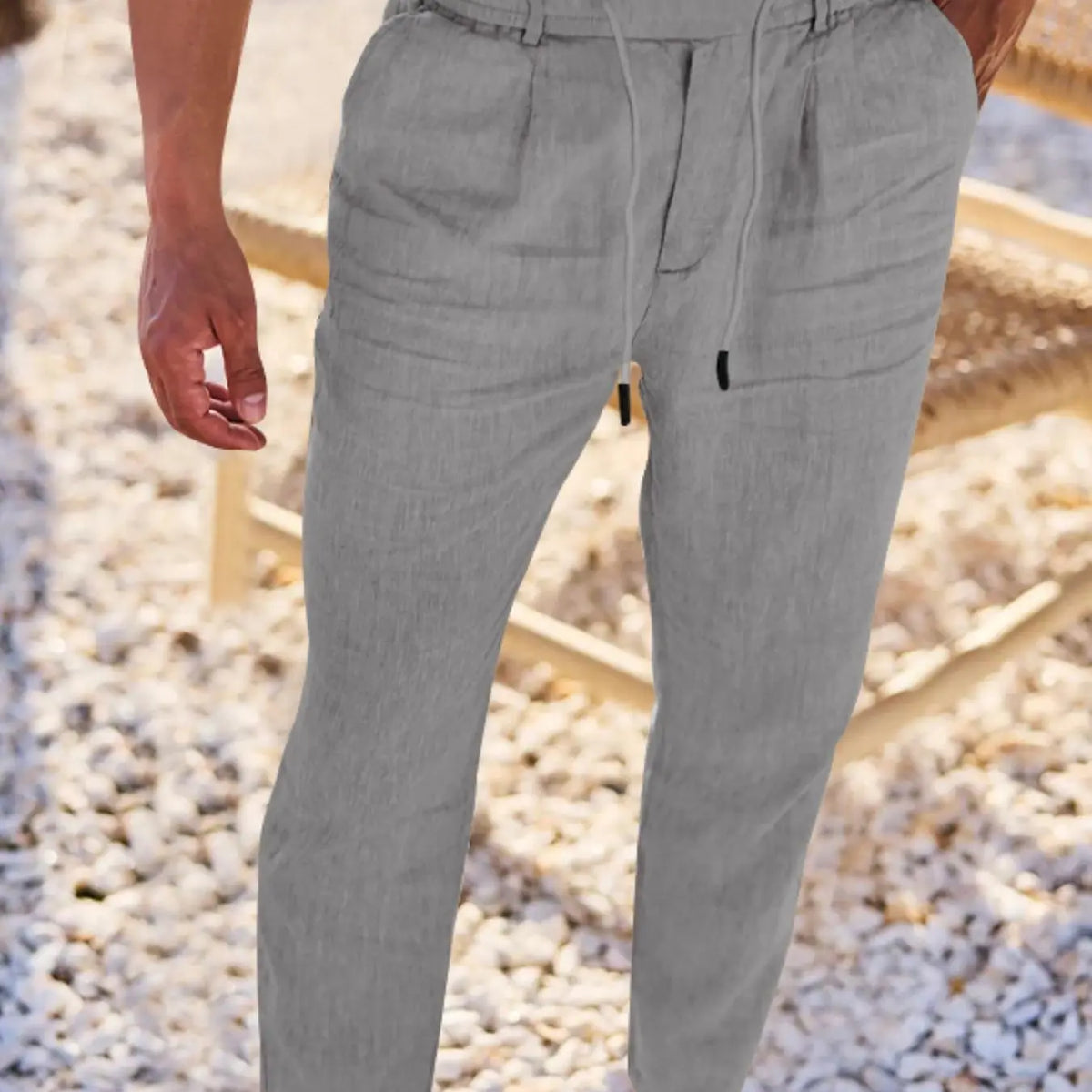 Men's Linen Pants, Fashion Trousers, Pocket Drawstring Solid Color Plain Hip Hop Beach Sports Wide Leg Long Pants, Comfortable Versatile All-Season Wear