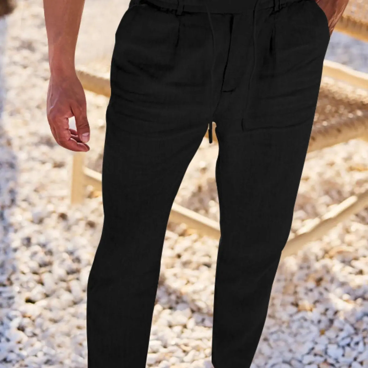 Men's Linen Pants, Fashion Trousers, Pocket Drawstring Solid Color Plain Hip Hop Beach Sports Wide Leg Long Pants, Comfortable Versatile All-Season Wear