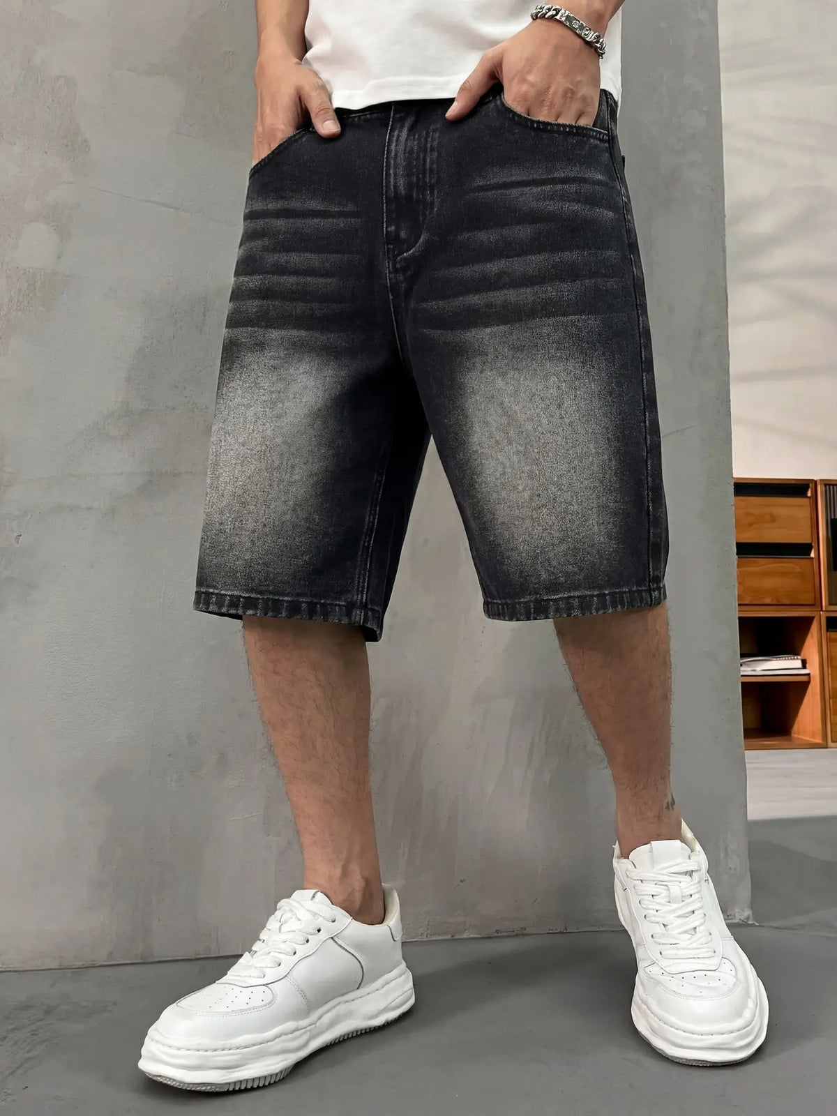 Men's washed retro color denim shorts, Denim Look, trendy, versatile, loose straight-leg casual streetwear denim five-point pants