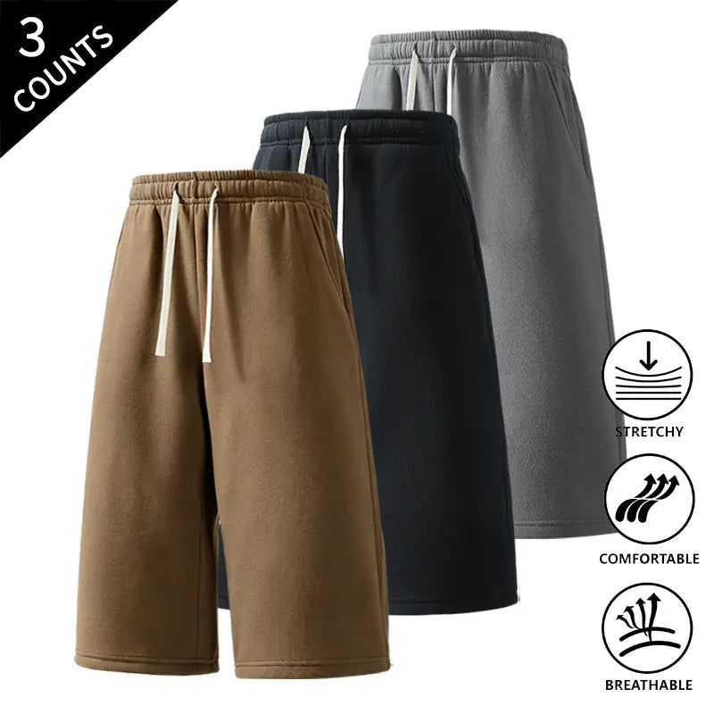 Men's 3-Pack Baggy Fit Sweat Shorts, 7/8 Knee-High Length, Elastic Drawstring, Plain Casual Menswear for Summer Everyday Wear