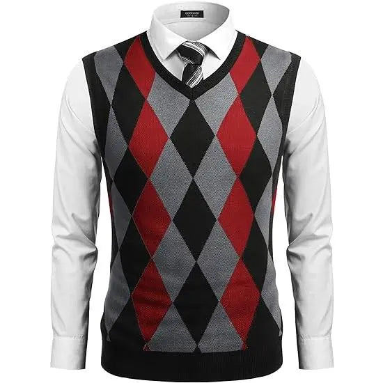 Fall Outfits Men's V-Neck Sleeveless Argyle Sweater Vest Slim Fit Casual Knitted Pullover for Spring Autumn Winter Office Wear & Party Events