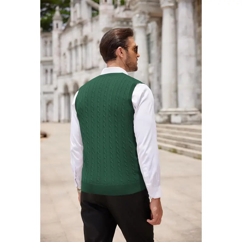 COOFANDY Menswear Men's V-Neck Slim-Fit Ribbed Cable-Knitted Sleeveless Pullover Sweater Vest, Stretchable Soft Lightweight Polyester Fabric, Machine Washable US Sizes, Formal-Casual Thermal Tops for Business Office