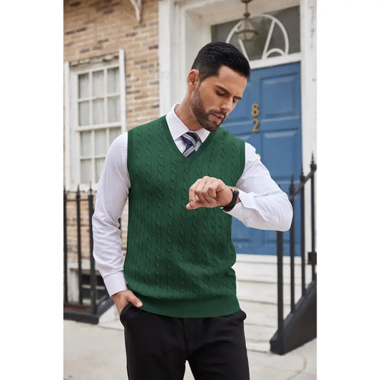 COOFANDY Menswear Men's V-Neck Slim-Fit Ribbed Cable-Knitted Sleeveless Pullover Sweater Vest, Stretchable Soft Lightweight Polyester Fabric, Machine Washable US Sizes, Formal-Casual Thermal Tops for Business Office