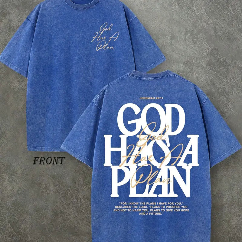 Vintage Washed "God Has a Plan" Double-Sided Print Tee | 230gsm Heavyweight Christian Streetwear, Unisex Wide-Shoulder Fit, High-Quality Cotton Casual Top for Men & Women