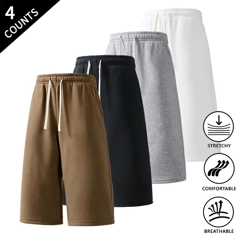 Men's 3-Pack Baggy Fit Sweat Shorts, 7/8 Knee-High Length, Elastic Drawstring, Plain Casual Menswear for Summer Everyday Wear