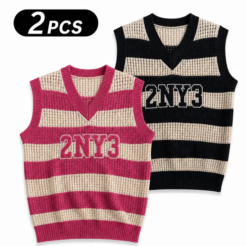 HYPESTFIT Men’s Striped Patchwork Knit V-Neck Sleeveless Open-Weave Lightweight Sweater Vest - Summer Casual Streetwear Top