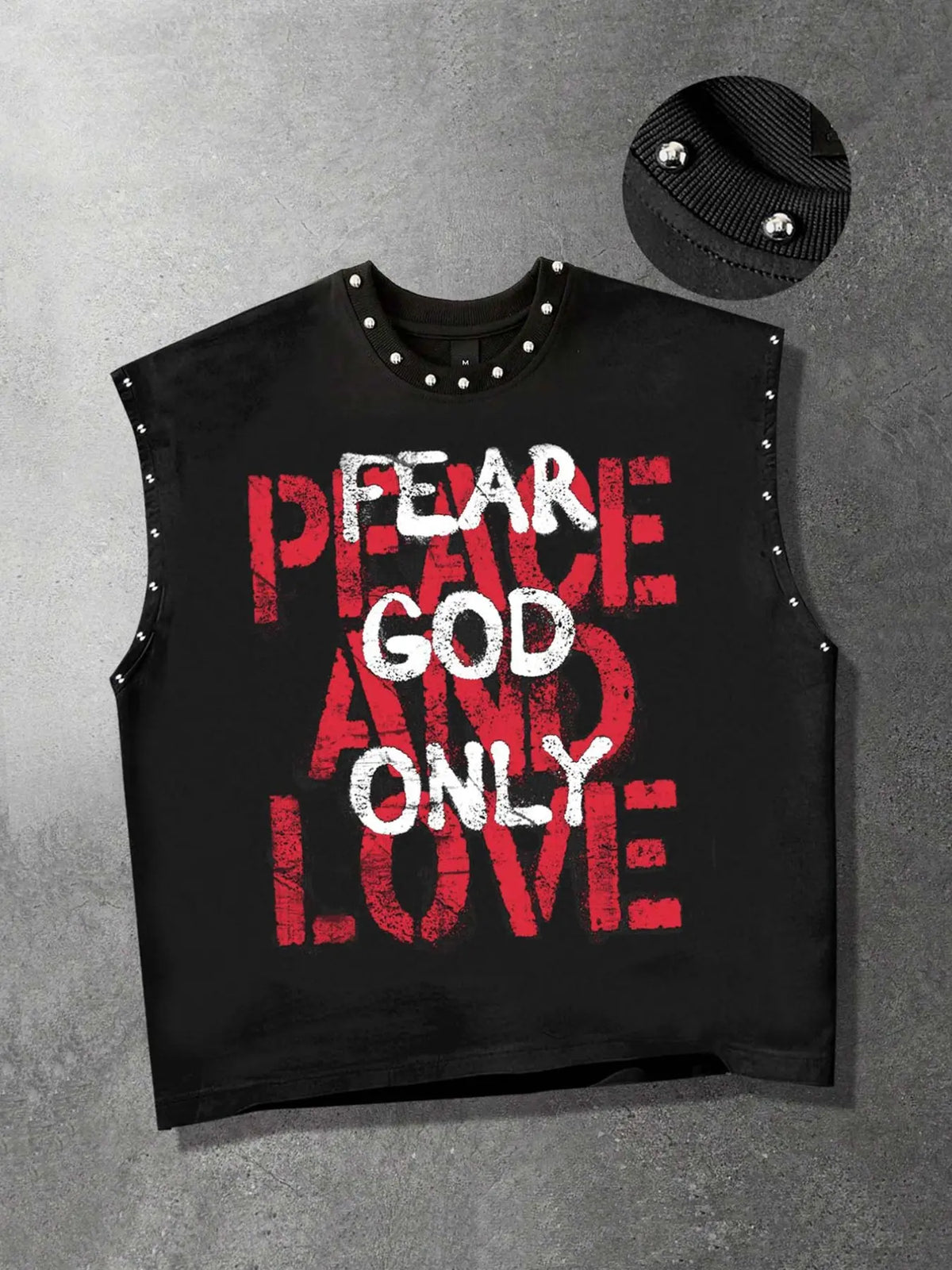 "Fear God Only" Slogan Loose-fitting Vest for Men and Women, Letter Print Geometric Metal Studs Vest, Aesthetic Summer Clothes, Street Fashion Vest, Y2k Summer Vest, 2026 New Streetwear Vest, Sleeveless, Fashion Tank Tops