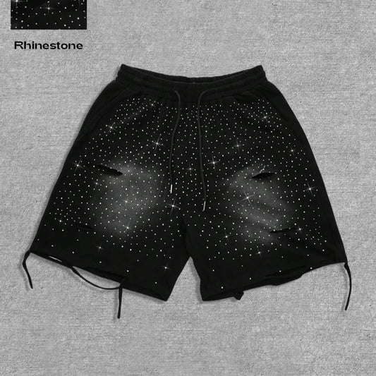 Men's All Over Print Rhinestone-Decorated Casual Graphic Shorts, Fitted Summer Style, Moderate Fabric Thickness, All-Season Wear