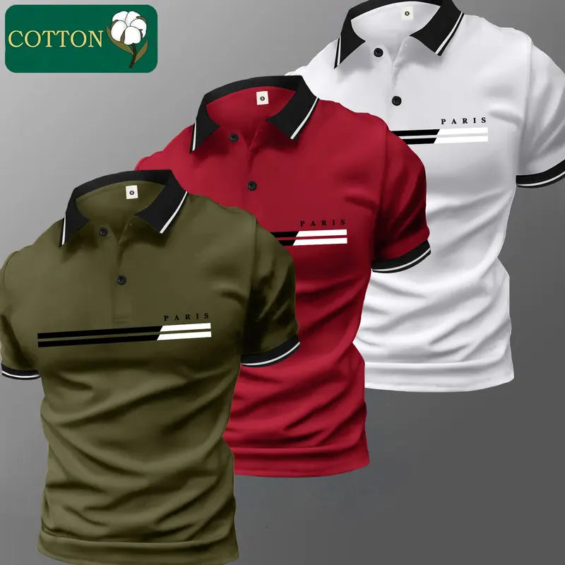 Stylish Men's Polo Shirt Set, Printed Cotton Menswear Top, Short Sleeve with Turn-Down Collar, Skin-Friendly Fabric,back to school,back to school shopping, Casual,clothes for back to school,first day of school outfits