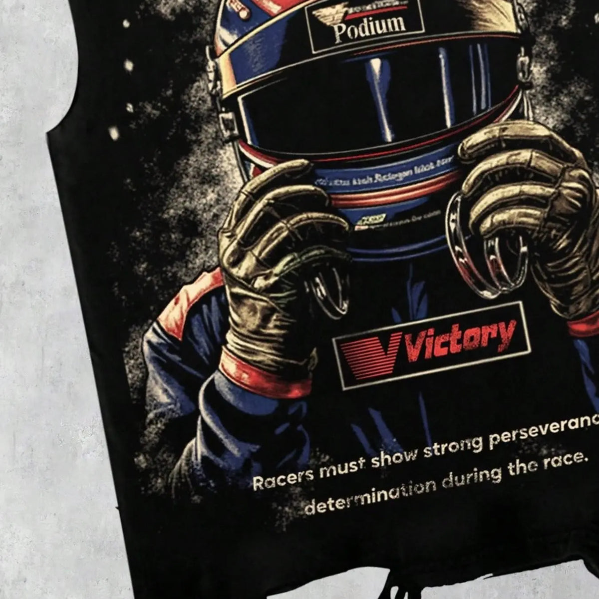 Retro racing style helmet with driver portrait print, distressed drawstring sleeveless vest, Victory slogan, Podium logo, distressed hem, men's black loose round neck casual top, unisex style, Streetwear, street style