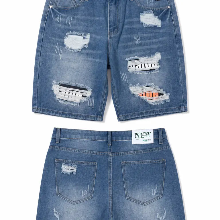 ZANTO Men's Classic Retro Ripped Patch Denim Shorts - Stylish Streetwear, Soft Breathable Fabric, Zipper, Graphic Accents, Pockets, Vintage Distressed Aesthetics, Sneakers-Compatible Casual Menswear Bottoms