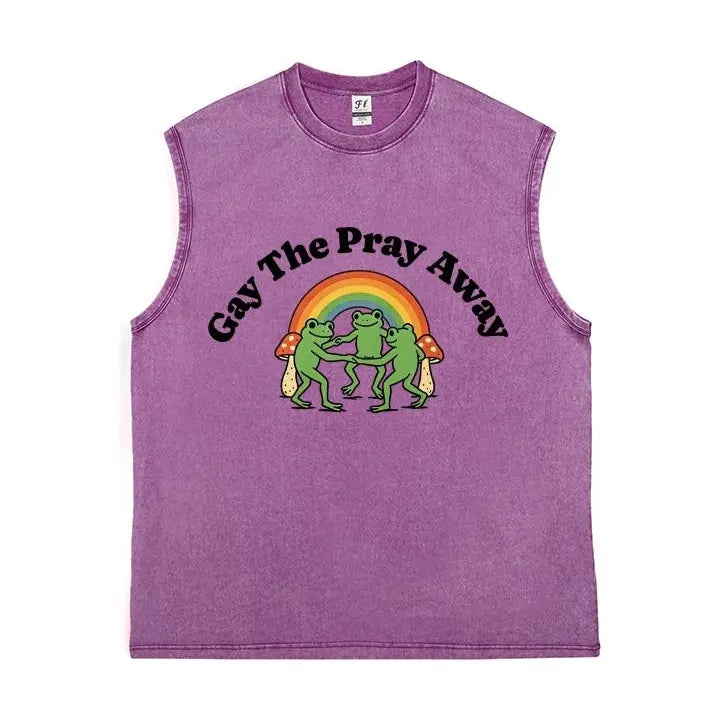 Vintage Washed Sleeveless Tank Top - 100% Cotton Casual Streetwear, Relaxed Loose Fit, Distressed Retro Muscle Tee with Rainbow Dancing Frog Mushroom Cartoon Print for LGBTQ Pride, Summer