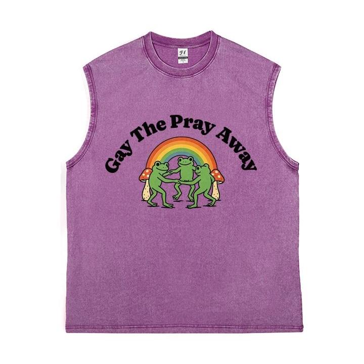 Vintage Washed Sleeveless Tank Top - 100% Cotton Casual Streetwear, Relaxed Loose Fit, Distressed Retro Muscle Tee with Rainbow Dancing Frog Mushroom Cartoon Print for LGBTQ Pride, Summer