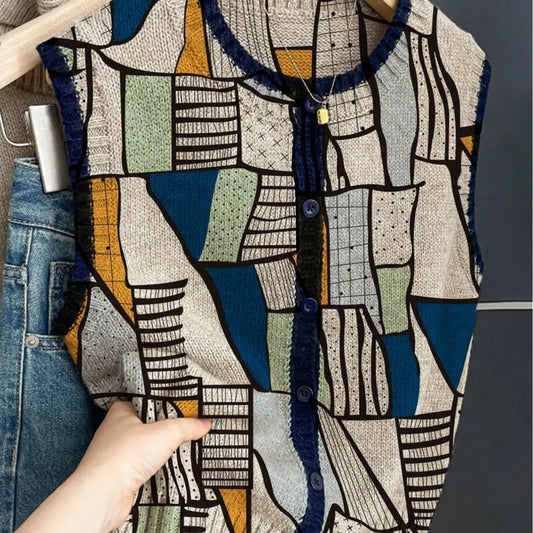 French retro style loose crew neck sleeveless color-block button khaki, Cropped, contrasting art graffiti print women's sweater Graphic sleeveless vest, suitable for spring and summer, vacation style