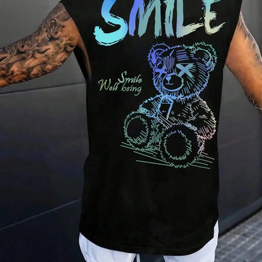 Unisex Gradient Bear Print Vest, Street Style Loose-Fit Graphic Top, All-Seasons Fashionable Outerwear, Trendy High-Street Apparel