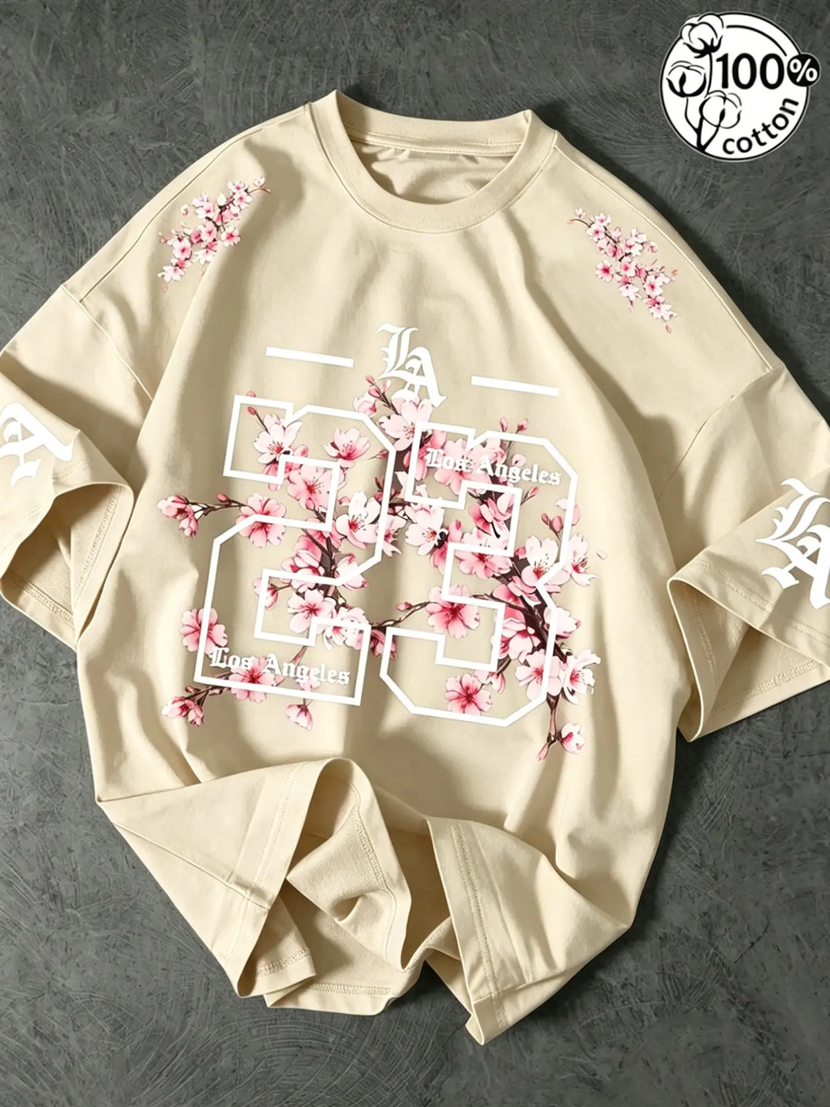 Unisex 100% Cotton Oversized Round Neck Aesthetic T-Shirt, Los Angeles 23 Gothic Cherry Blossom Print, Y2K Streetwear Top