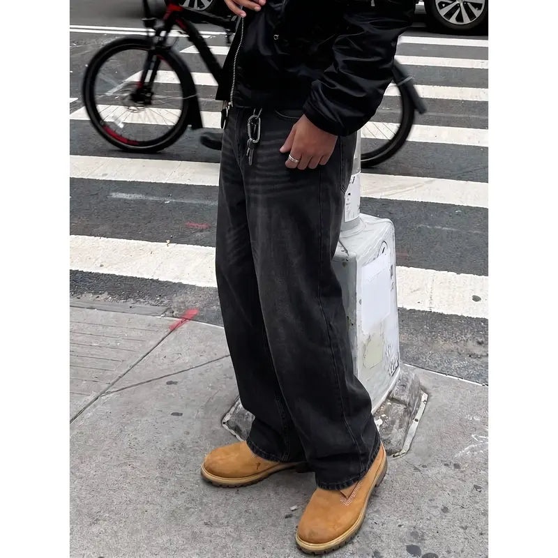 Men's 90s Retro Whisker Art Wide-Leg Jeans - Alt Grunge Skate-Cool Style, Gradient Faded Black, Baggy Distressed Denim, 5-pocket Carry, Button Closure, Unisex Inspired Fashion Casual Bottoms