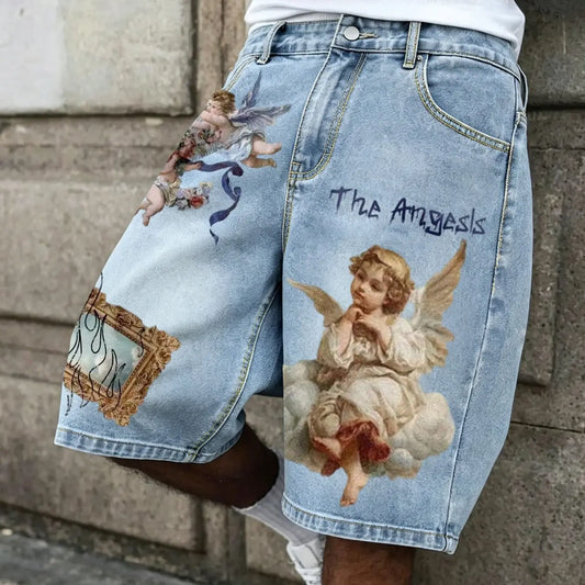 Men's Vintage Angel Print Loose Denim Shorts, Street Style Summer Knee-Length Shorts, Versatile Casual Wear, Breathable Comfortable for Daily Use