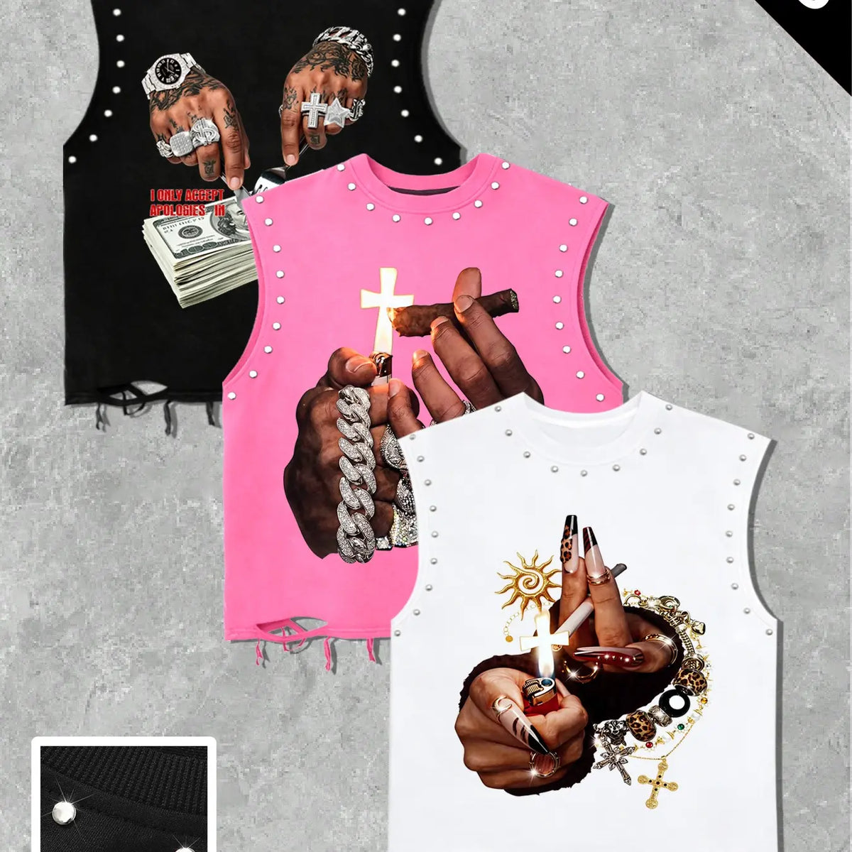 Summer Unisex Graphic Vest Set, Loose-Fit Sleeveless Top, Rivet Design & Ripped Hem, Casual Streetwear, 3-Piece, Graphic Print Vest