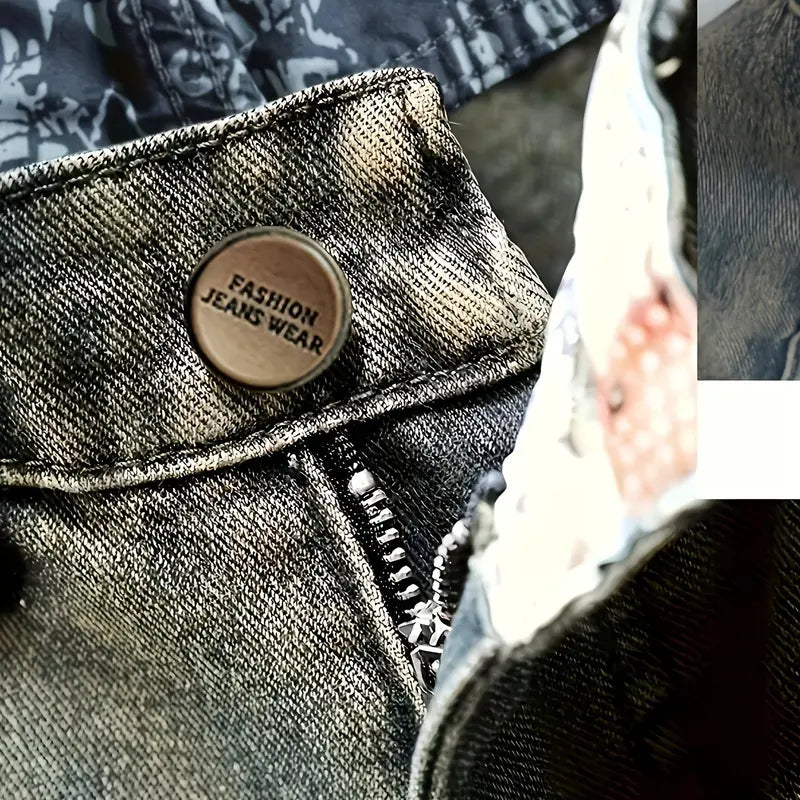 Distressed patchwork non-stretch denim shorts — bold retro summer casual bottoms