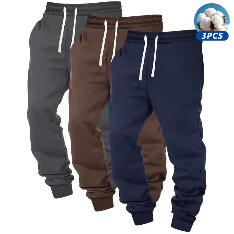 3pcs Men's Solid Cuffed Sweatpants - Elastic Waist Drawstring, Outdoor Fitness Running Daily Wear Pants