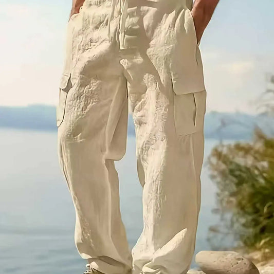 2026 Fashion Comfy Men's Linen Cargo Trouser Pants for Outdoor Beach, Drawstring Multi-Pocket Straight Leg Breathable Classic Casual Long Pants