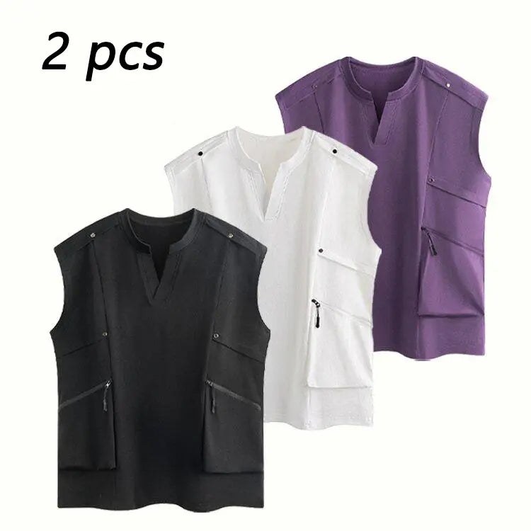 2-Pack Men’s Minimalist Cargo Vest – Loose Fit Breathable Sleeveless Shirt for Everyday Casual Wear