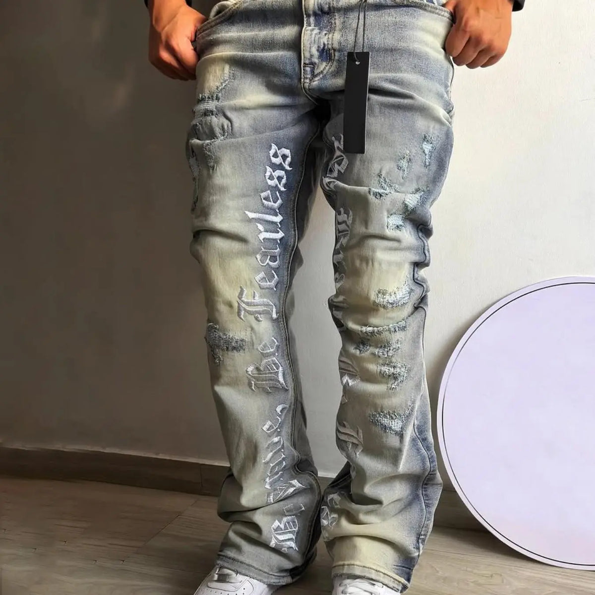 Men's Embroidered Jeans, Micro Flare Denim Jeans, Letter Stitching, Tight Fit, Ripped Bell Bottoms, Washed Y2K Streetwear Style, All Seasons, Pants