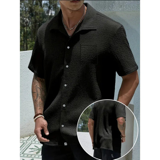 Men's Lightweight Breathable Textured Waffle Camp Collar Button Down Shirt - Wrinkle Resistant Summer Resort Casual Top