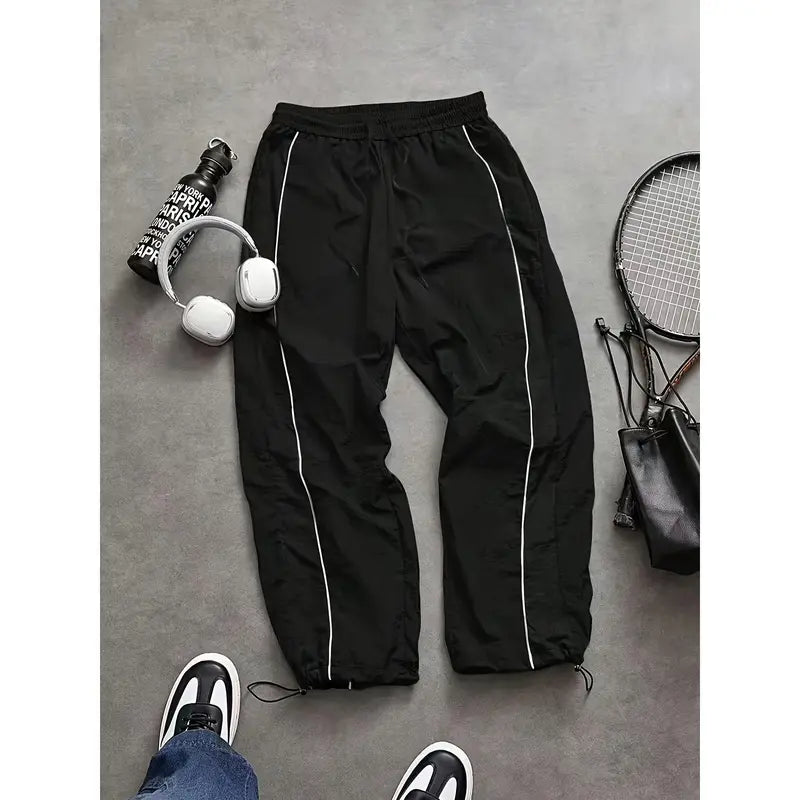 Men's Lightweight Breathable Wide Leg Pants - Reflective Stripe Casual Track Pants with Adjustable Drawstring & Cuffs