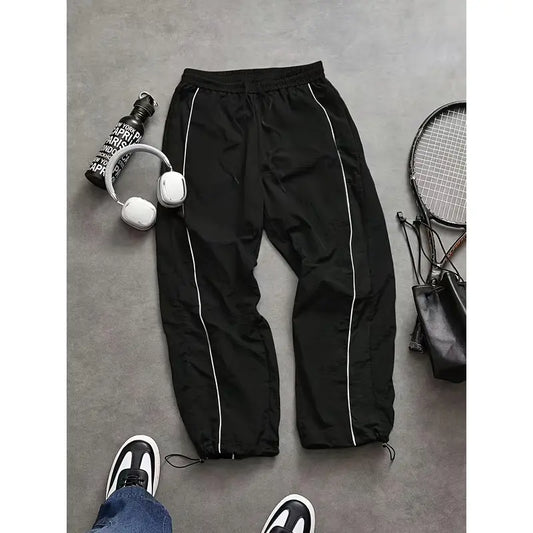 Men's Lightweight Breathable Wide Leg Pants - Reflective Stripe Casual Track Pants with Adjustable Drawstring & Cuffs