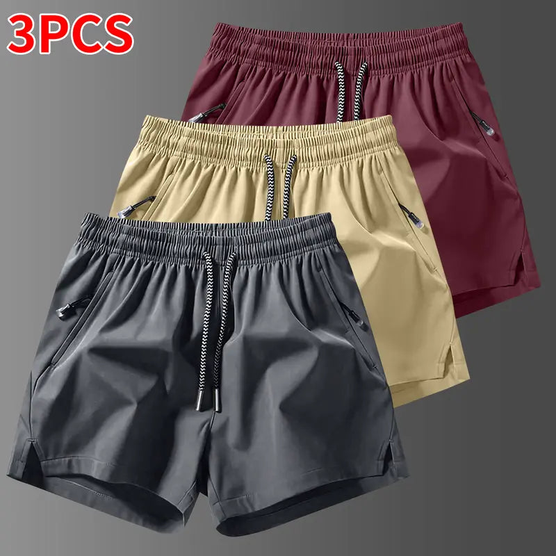 Men's 3-Counts Plain Solid Drawstring Shorts - Male Clothing, Drawstring Hold Fit, Casual Athletic Men's Shorts, Zipper Pockets, Chic Preppy Fitted Cut, Breathable Elastic Waist, Machine Washable Athleisure Bottoms, Athleisure to Beach