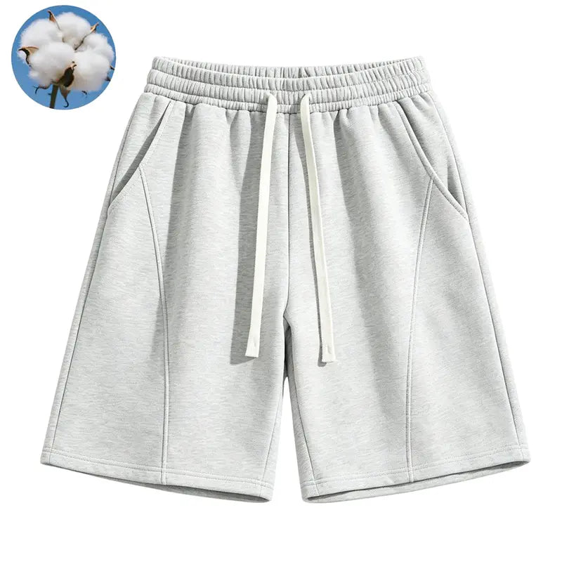 Men's Cotton-Polyester Knitting Fabric 7-in H-Type Cut Loose Active Sweat Shorts - Plain, Soft, Breathable, Anti-Wrinkle, Sweat-Absorbing Above-the-Knee Summer Casual Menswear Bottoms