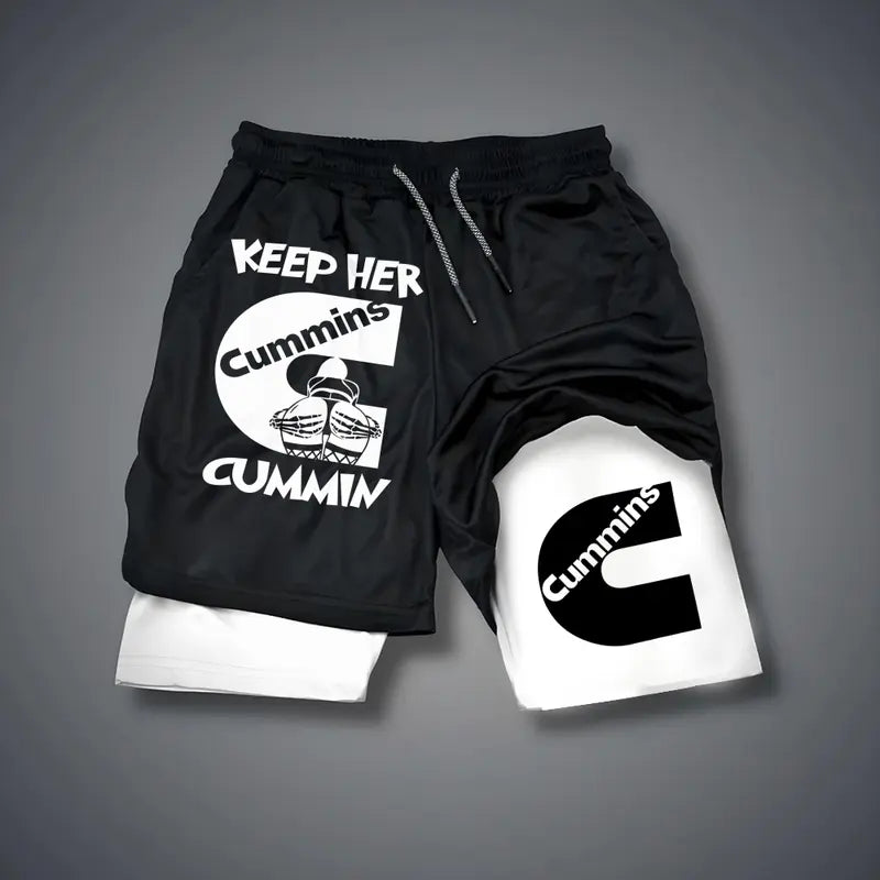 Men's Double-Layer Graphic Shorts - Black, Camo - Streetwear, Vacation Outfits - Bottoms for Menswear Ensembles