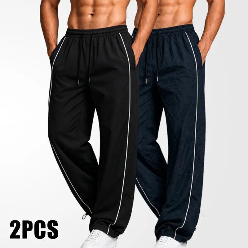 Men's Lightweight Breathable Wide Leg Pants - Reflective Stripe Casual Track Pants with Adjustable Drawstring & Cuffs