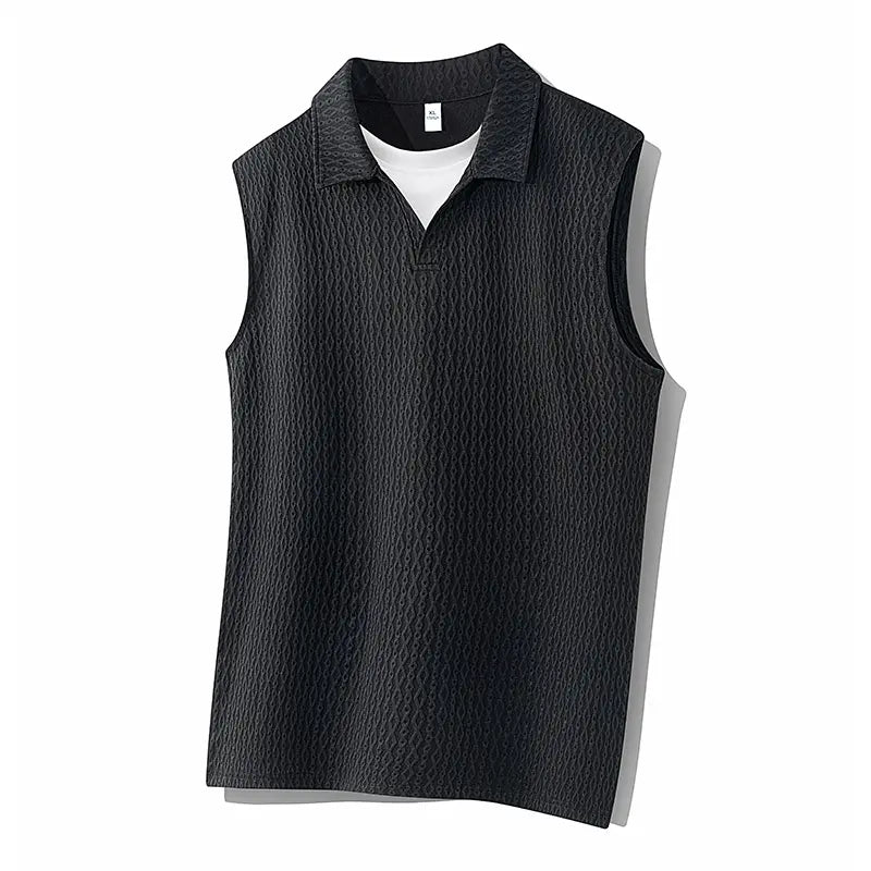 Summer solid-color sleeveless polo shirt for men, simple turn-down collar design, casual style, plus size, everyday top
