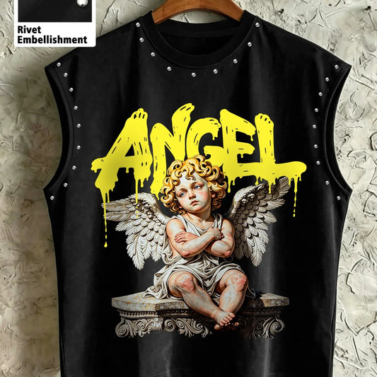 Men's Casual Loose Tank Top, Angel Angel Print, Comfortable Breathable Fabric, Streetwear for Music Festivals, Trendy Store Visits
