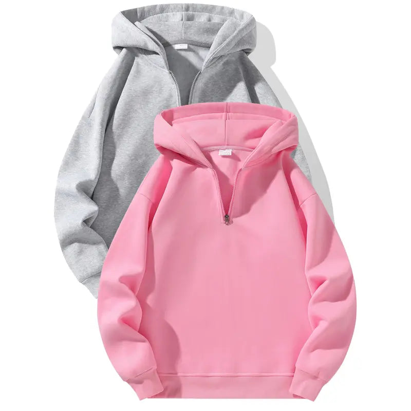 Men’s essential half-zip long-sleeve hoodie — solid color, comfortable, relaxed drop-shoulder fit, loose silhouette, casual street style, 100% polyester fiber, suitable for autumn, modern fashionable men’s top, solid-color men’s sweatshirt