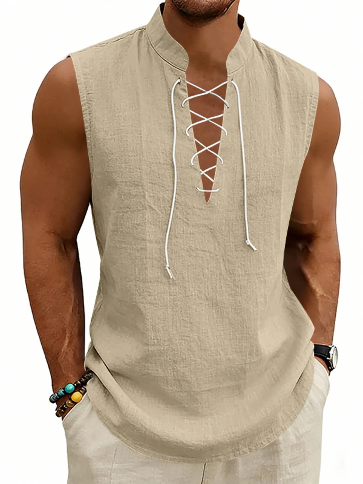 2026 Summer Men's Viking Medieval Drawstring Linen Vest, Open Front Vest, Loose Fit, Breathable, Sleeveless, Casual Style, Plain Pattern, No Collar, No Zipper