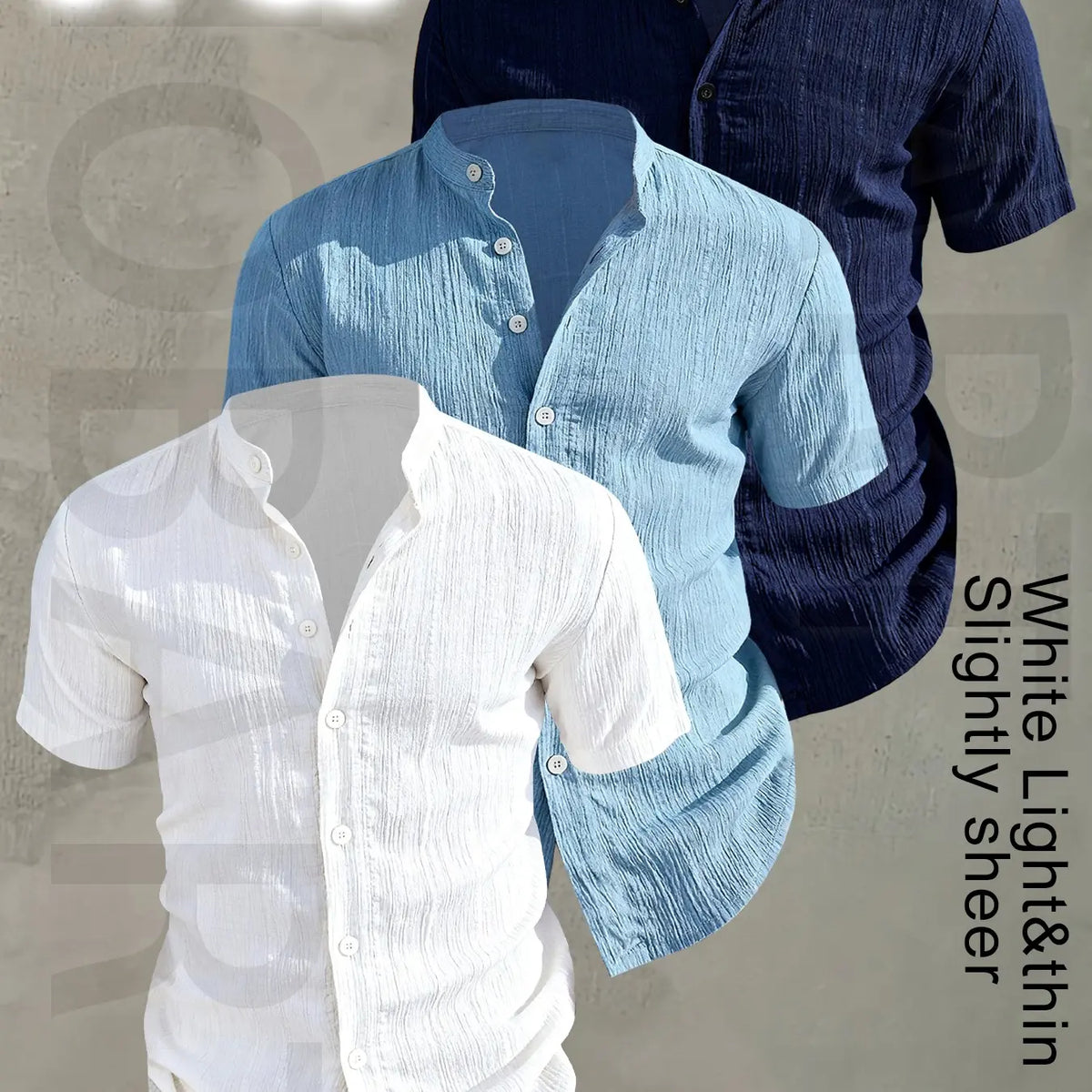 3pcs Set Men's Summer Short Sleeve - Lightweight Breathable Plain Color Button-Up Casual Shirt with Stand Collar, Low-cut collar designr Beach Vacation, Pool Party & Casual Attire, Beach Shirt, Collared Fitted Shirt, gift for husband